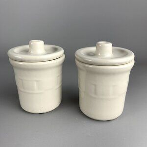 Set of 2 Longaberger Pottery Woven Traditions Ivory Lidded Condiment Crock Jars